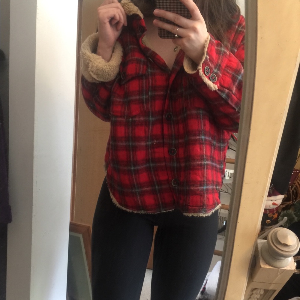 Cozy red plaid coat/sweater